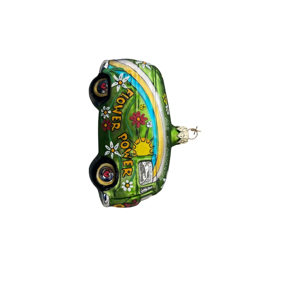 Vintage Dept 56 Blown Glass Flower Power Hippie VW Bus Christmas Ornament I02